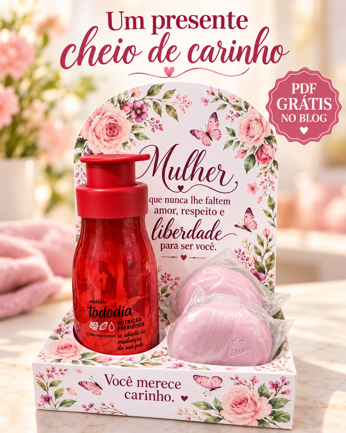 Embalagem para presente feminino com mensagem de carinho – PDF grátis para imprimir